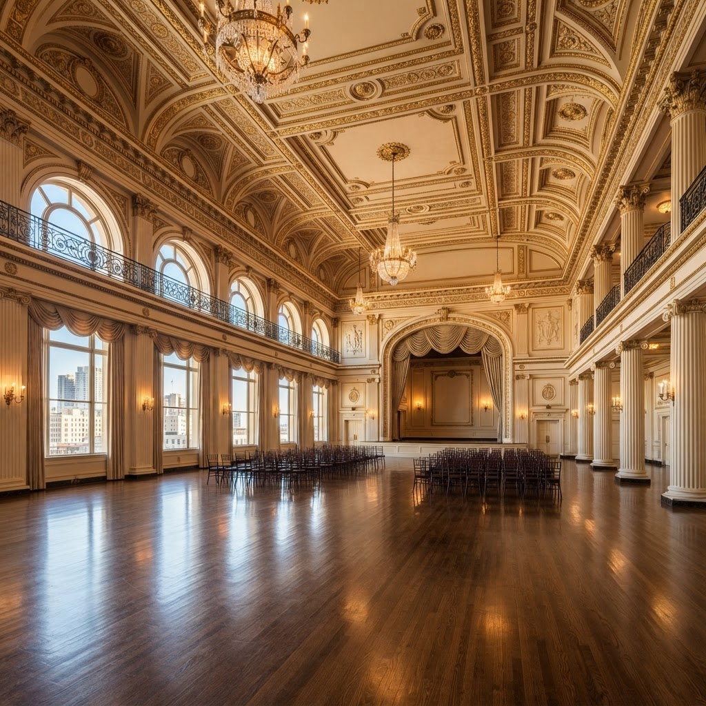 The grand Beaux-Arts interior of the Julia Morgan Ballroom, with ornate coffered ceilings and tall arched windows.